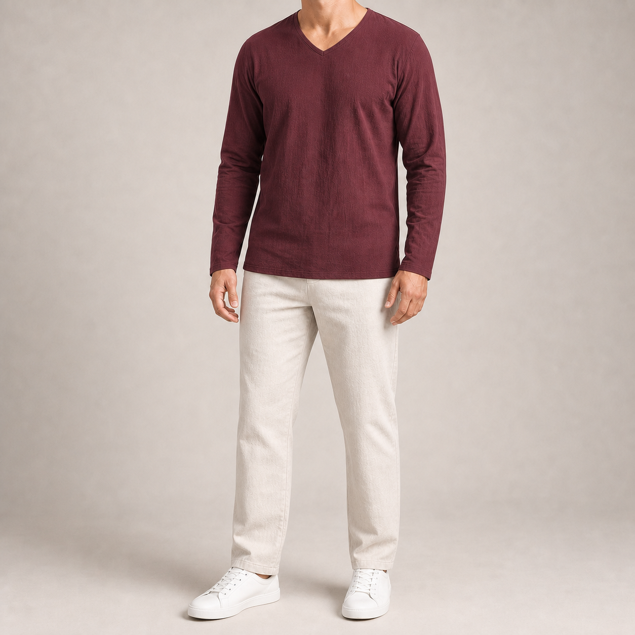 Men's burgundy long-sleeve V-neck shirt
