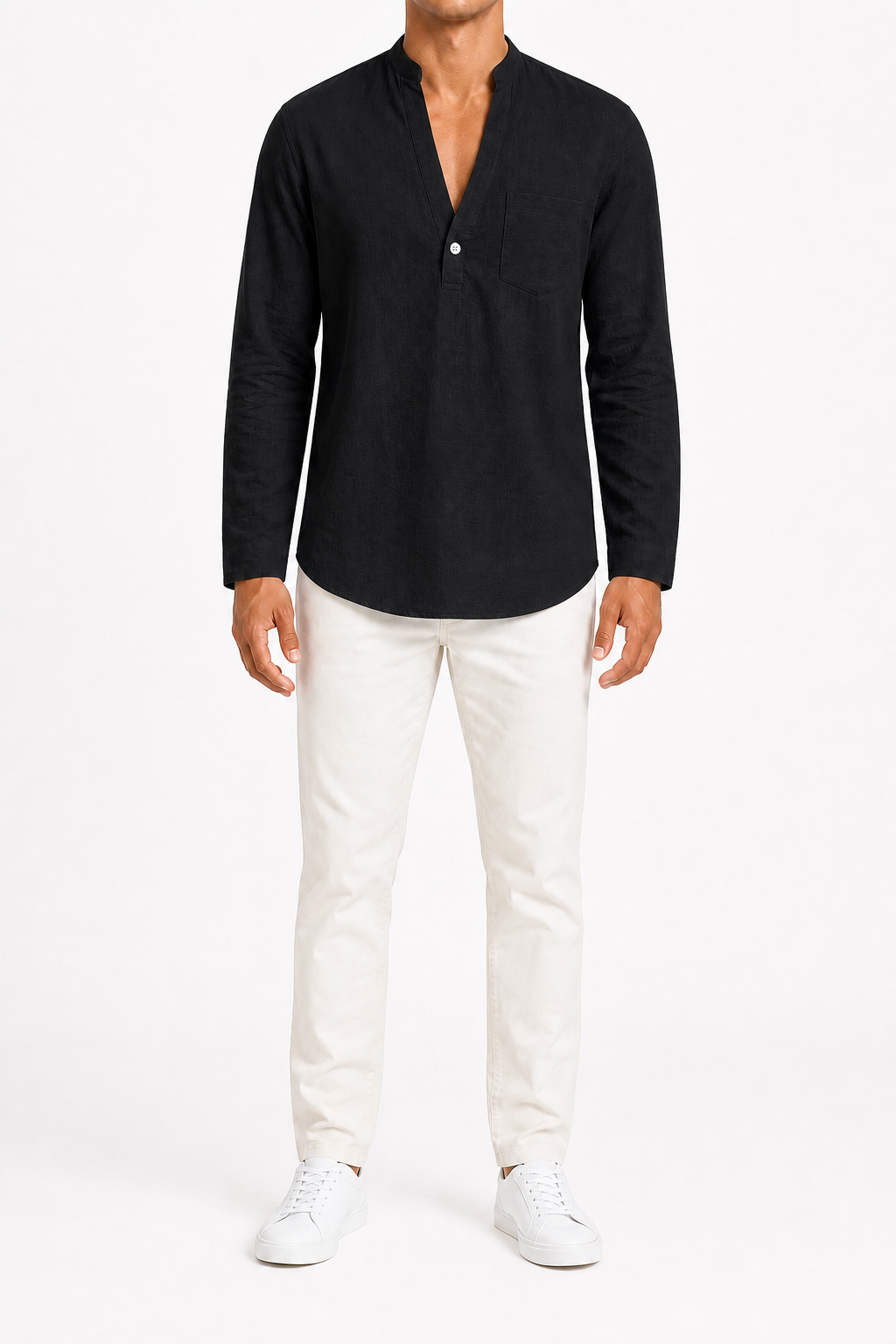 Men's black long-sleeve split-neck shirt
