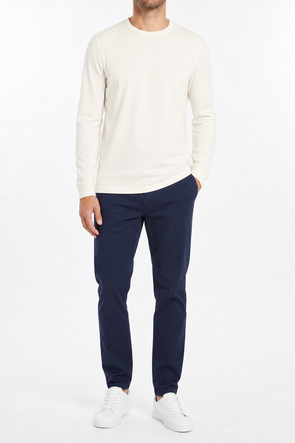 Ivory white men's long-sleeve crew-neck T-shirt