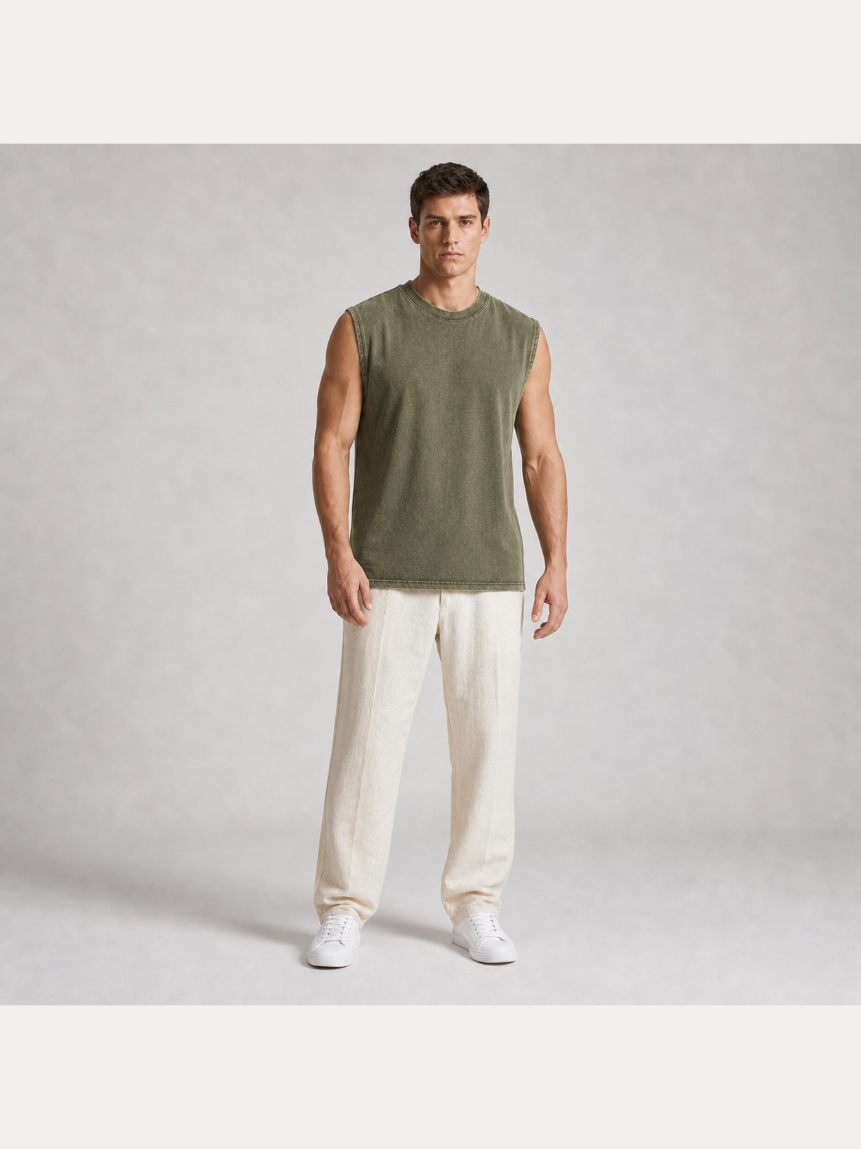 Men's washed sleeveless T-shirt in olive green