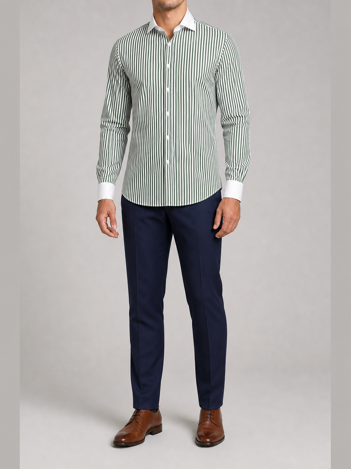 Men's forest green vertical stripe contrast collar shirt