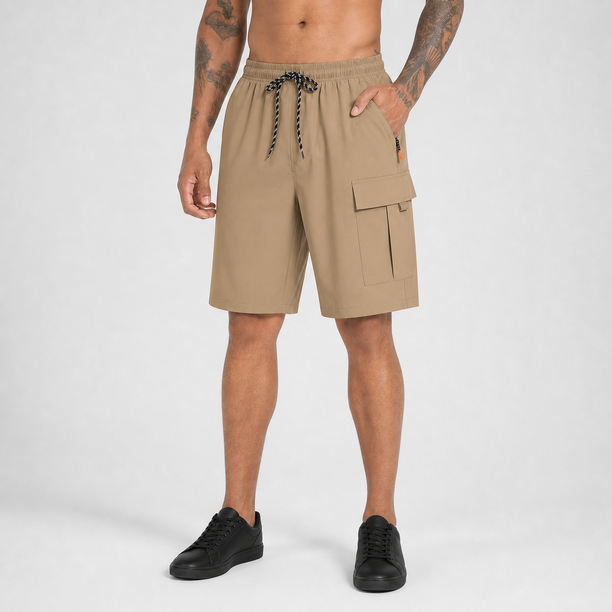 Khaki tan men's drawstring utility cargo shorts