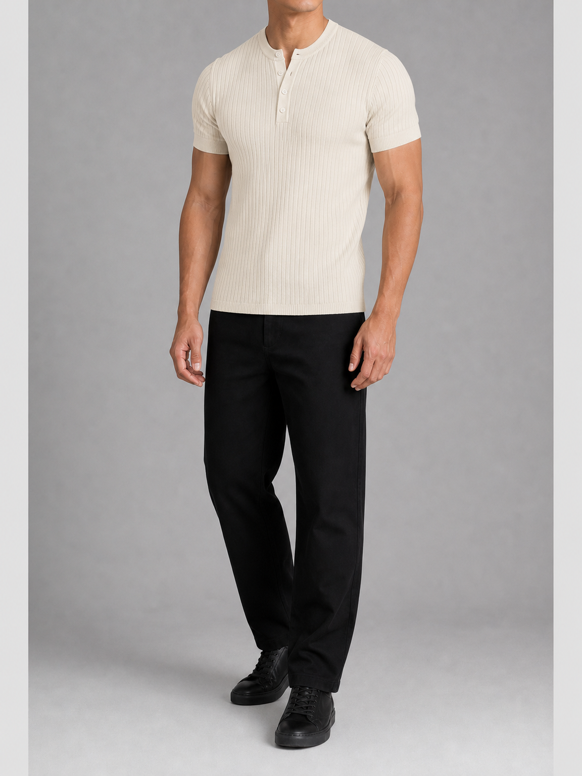 Men's ivory fitted rib-knit four-button Henley shirt