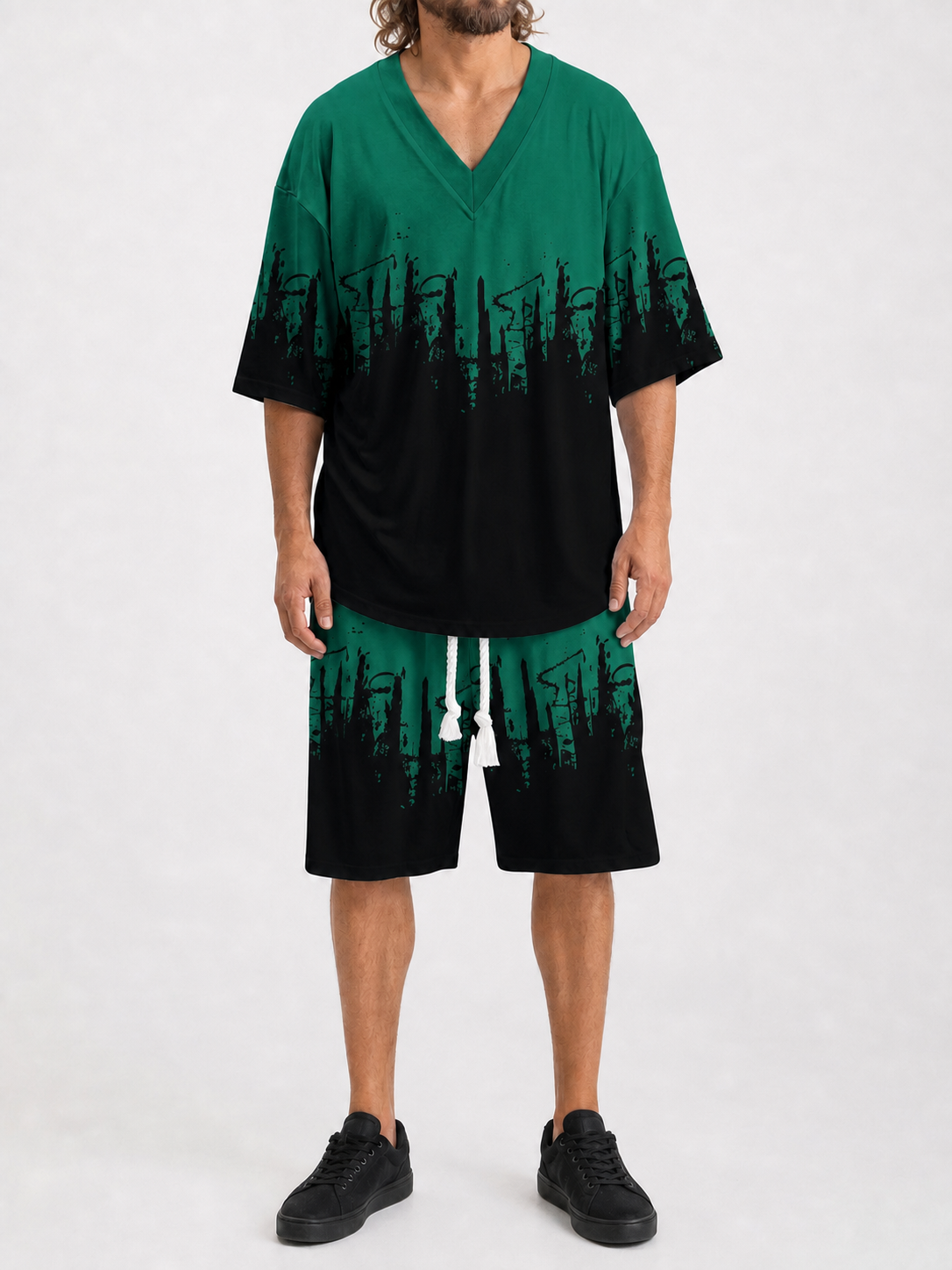 Men's emerald green black city print two-piece set