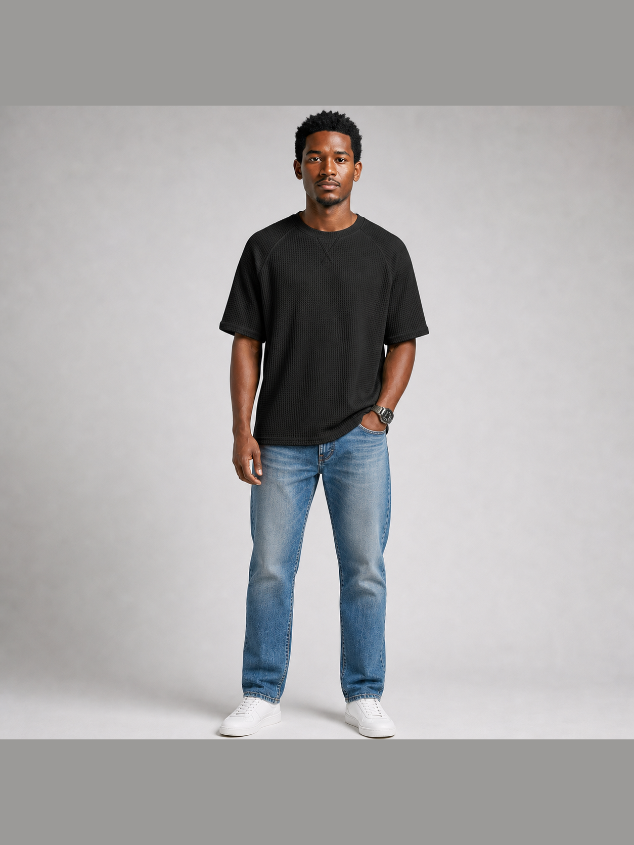Men's waffle raglan T-shirt in true black