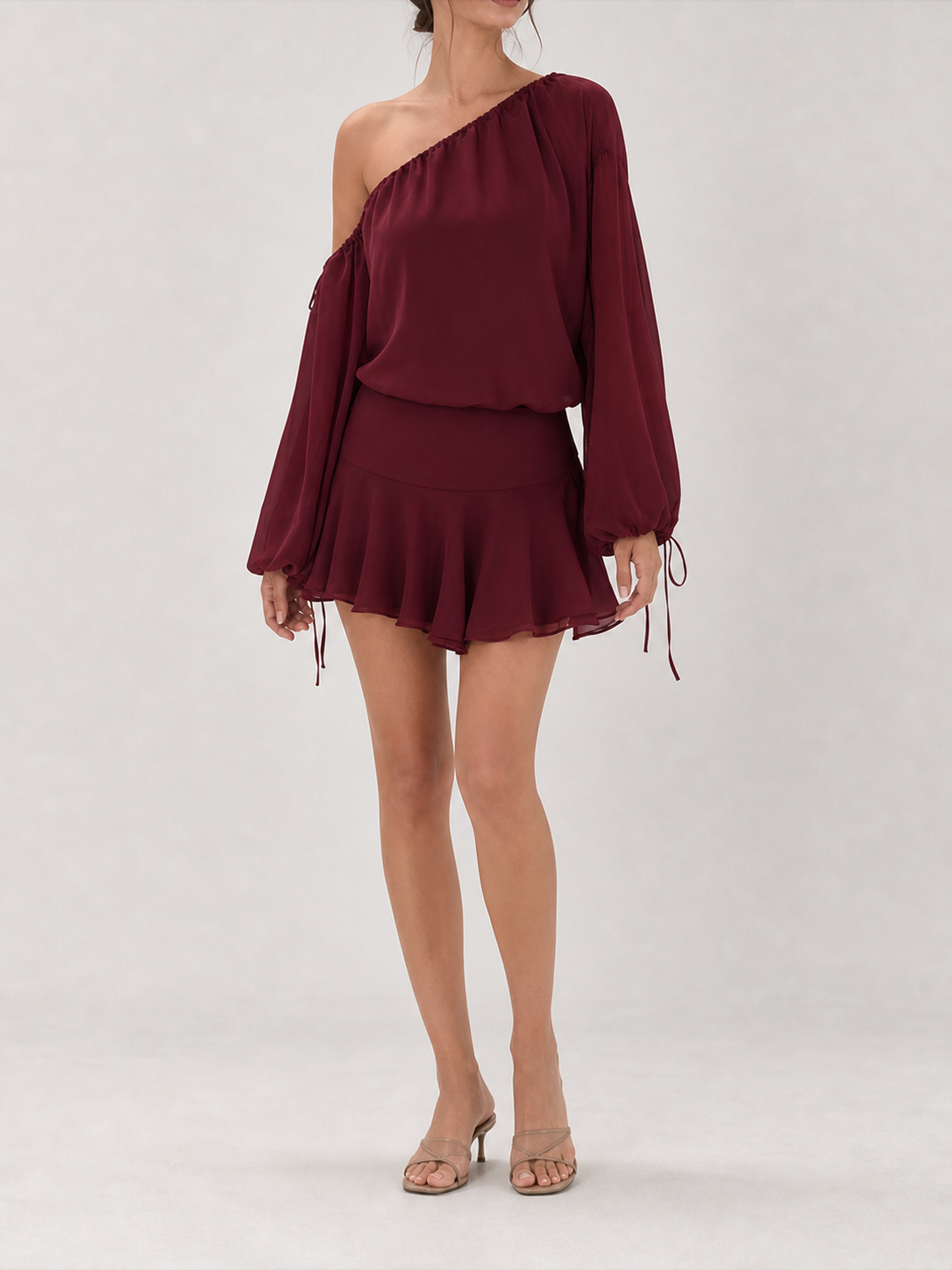 Women's one-shoulder skirt set in burgundy wine