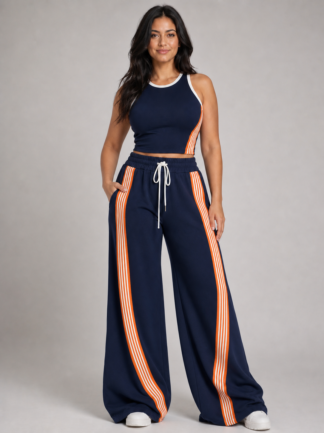 Women's navy contrast stripe wide-leg two-piece set