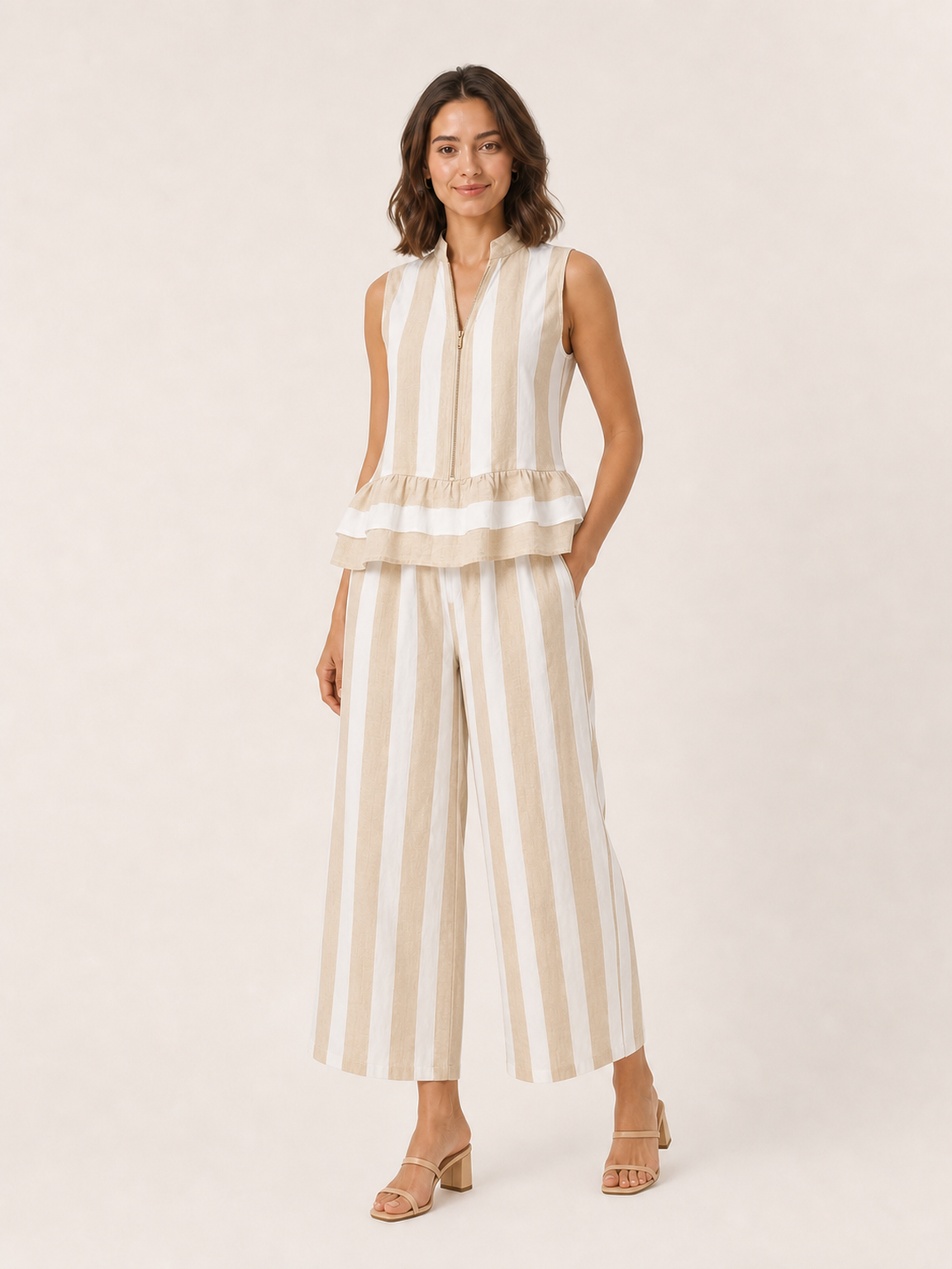 Women's sand beige striped zip peplum wide-leg set