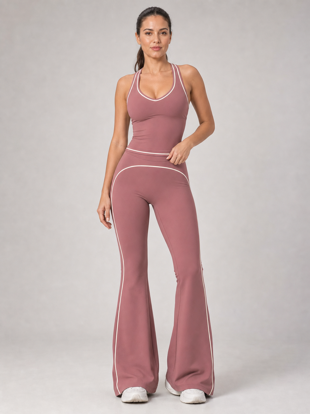 Women's dusty rose contrast-trim flare active set