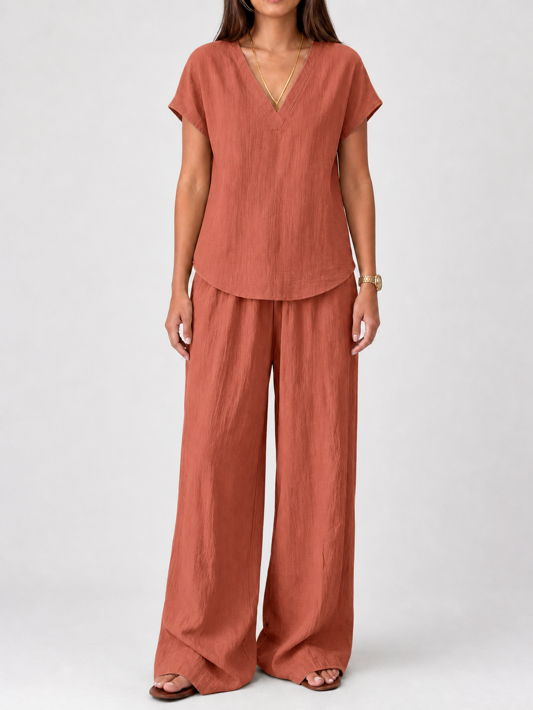 Women's terracotta crinkle tunic and wide-leg pants set