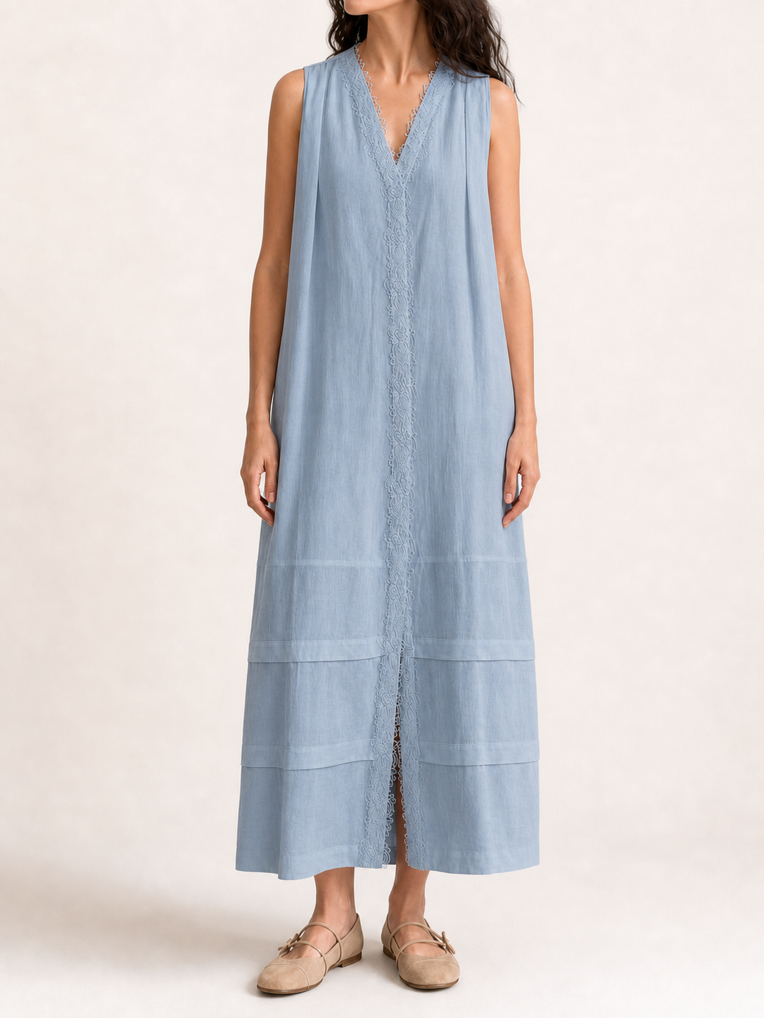 Women's lace-trim maxi dress in dusty blue
