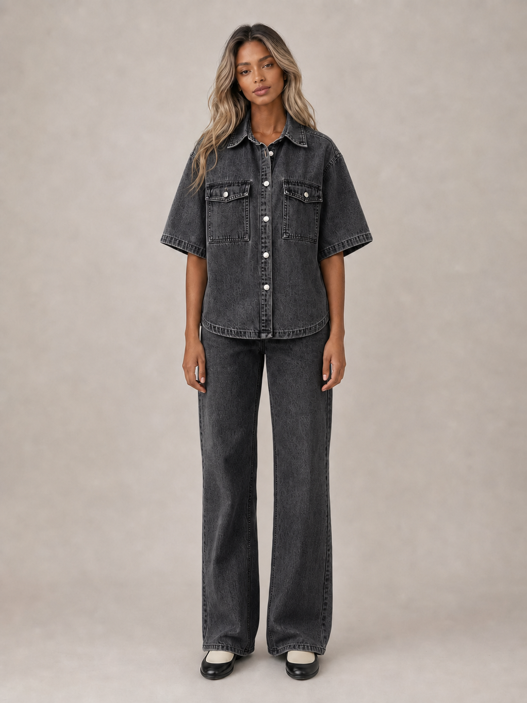 Women's washed black denim set