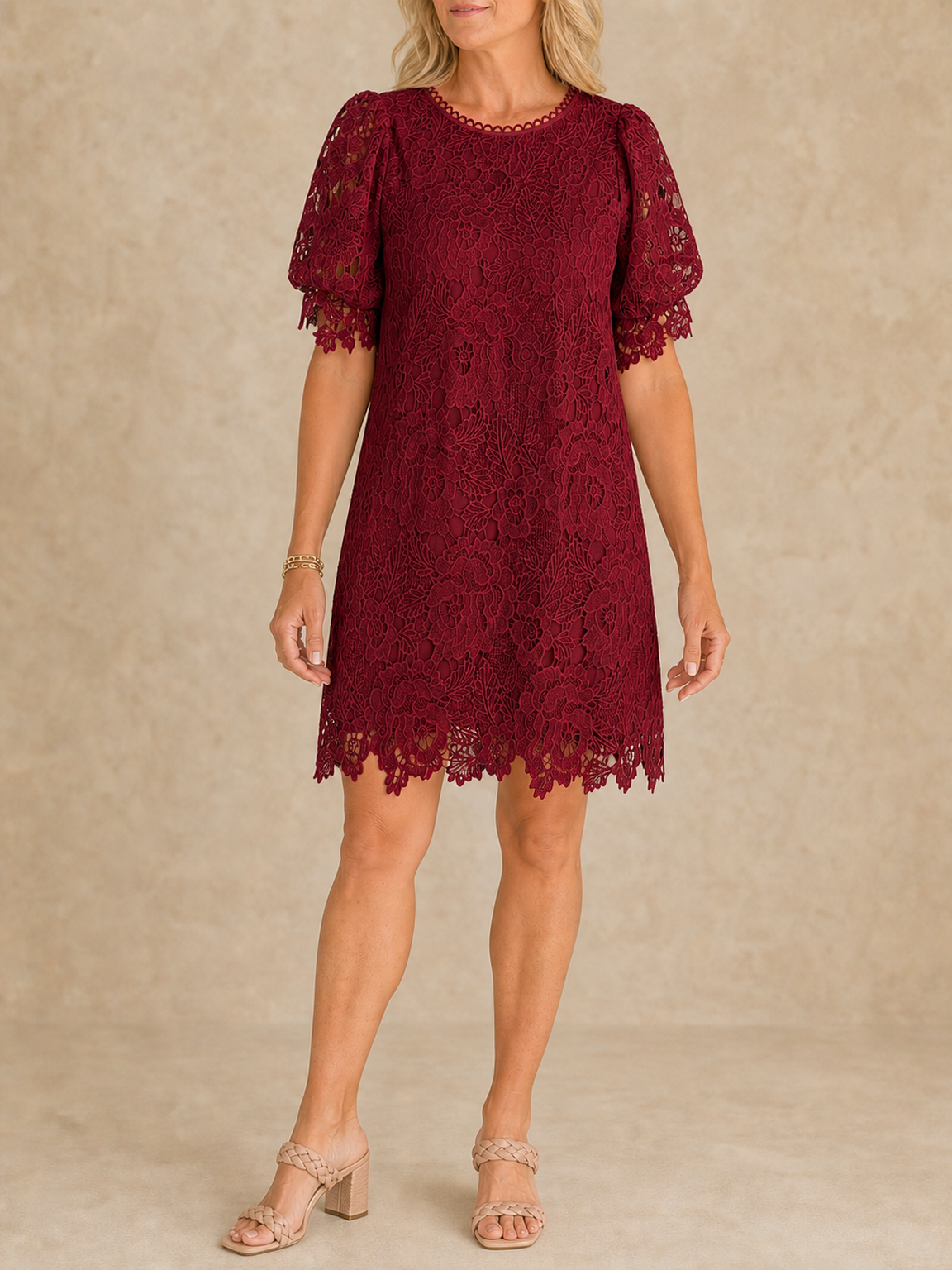 Women's wine red floral lace shift dress