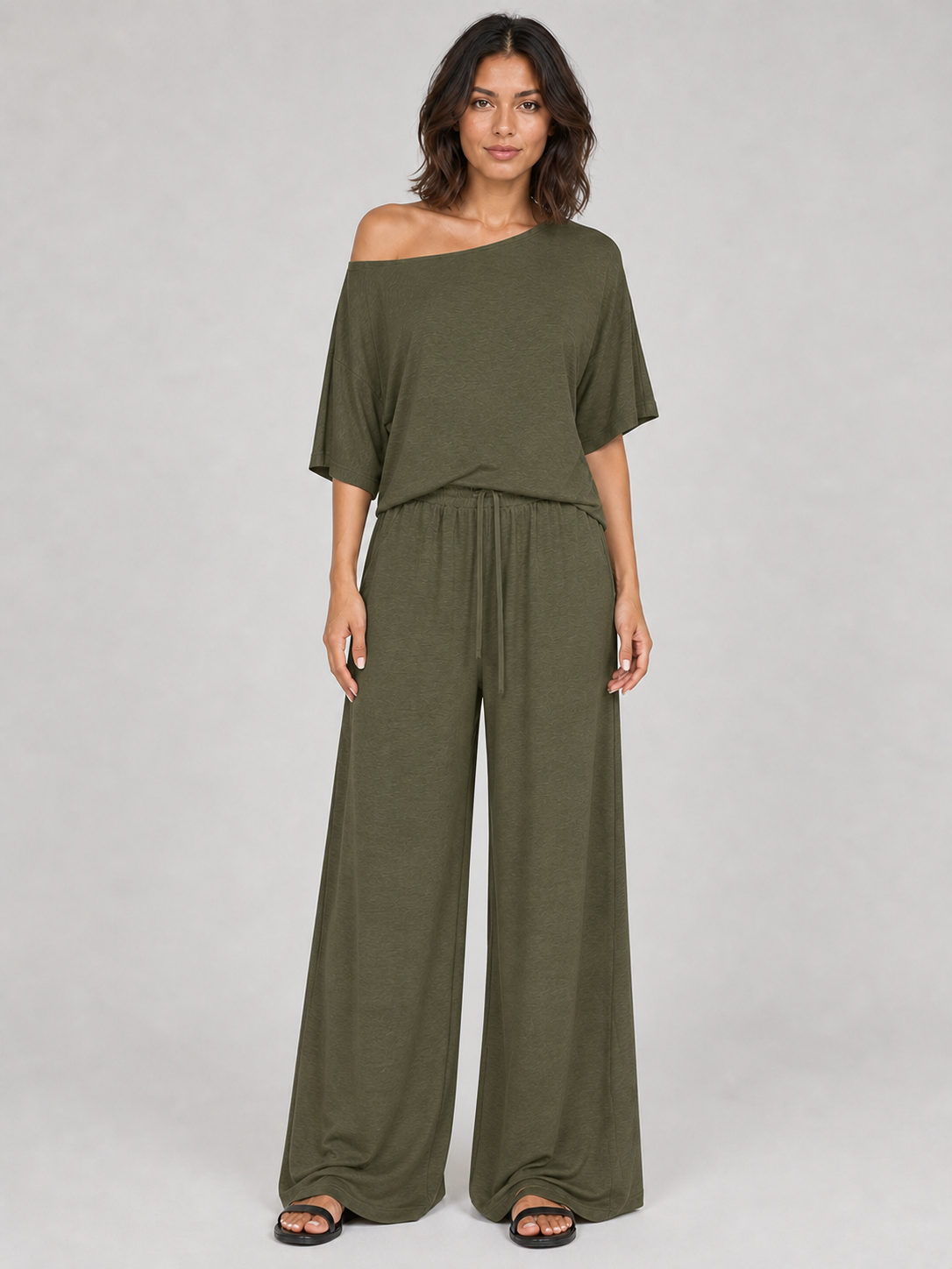 Women's olive green one-shoulder wide-leg set