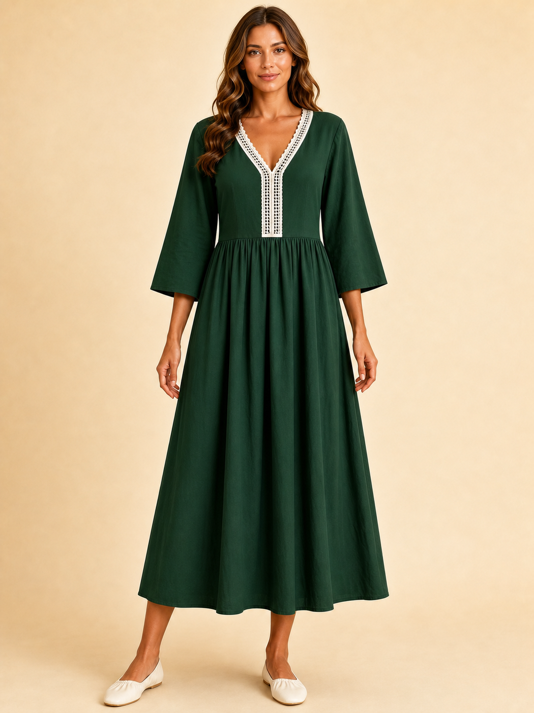 Women's contrast-lace dress in forest green