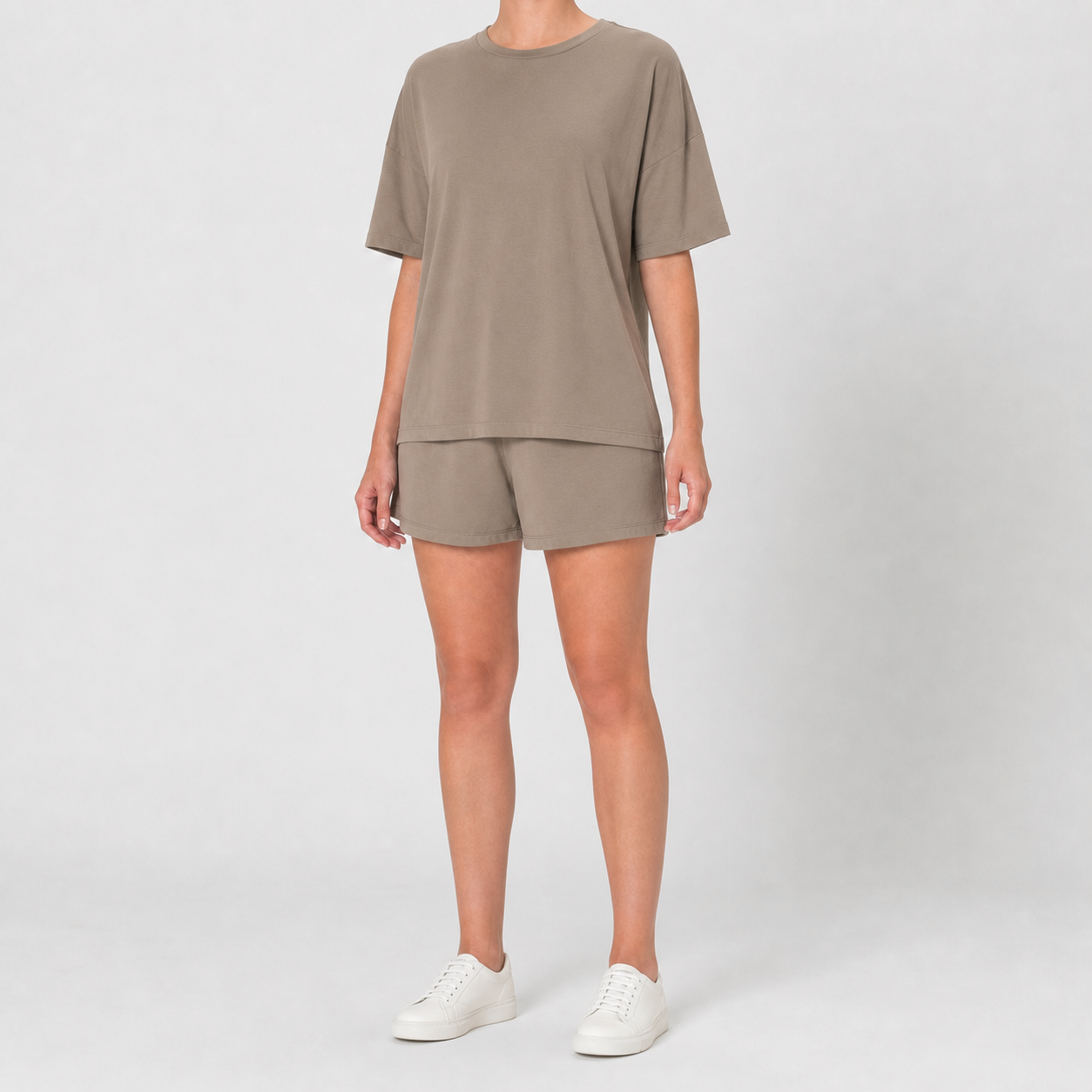 Soft taupe women's relaxed top and shorts set
