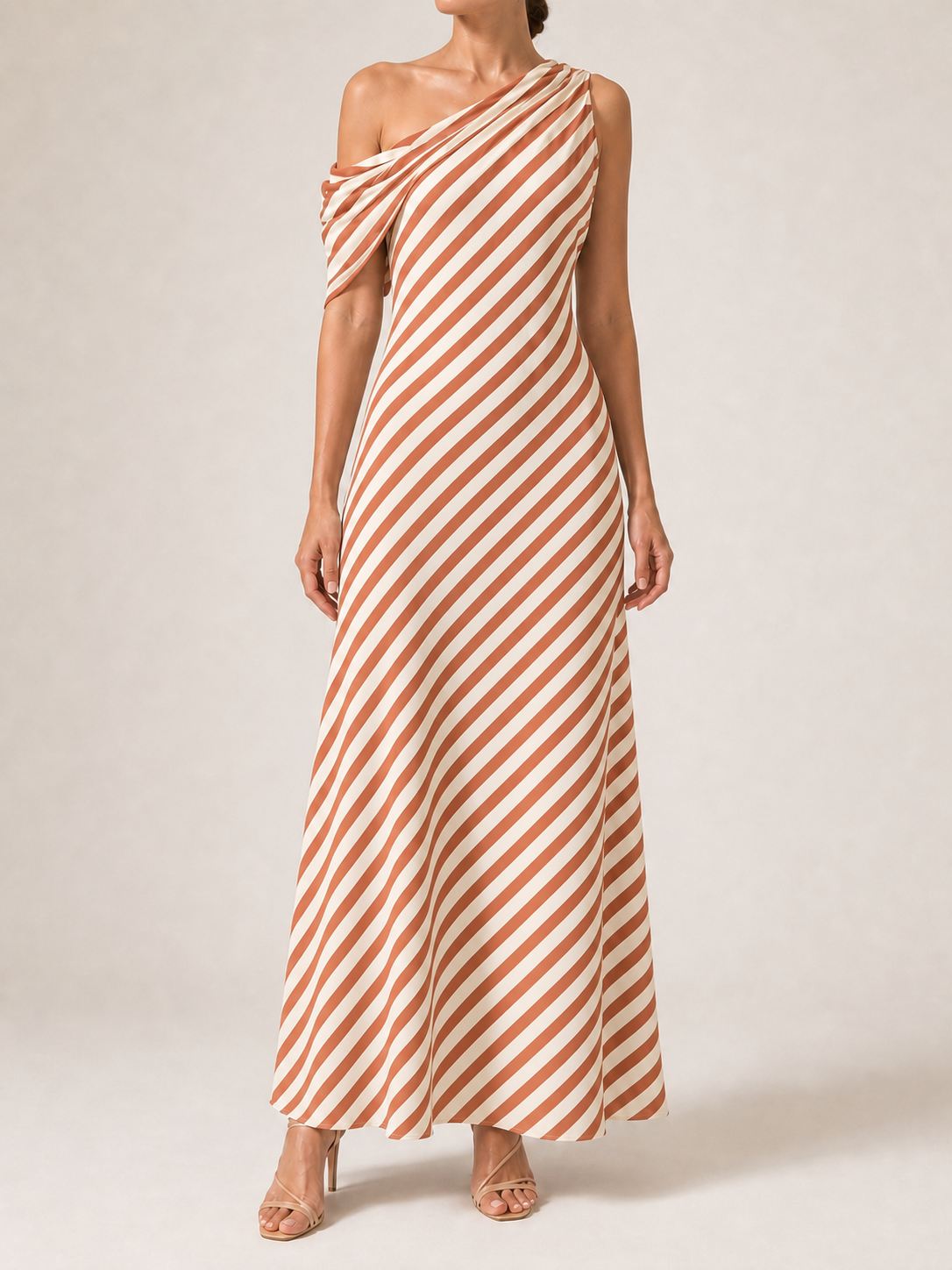 Women's terracotta and ivory stripe one-shoulder maxi dress
