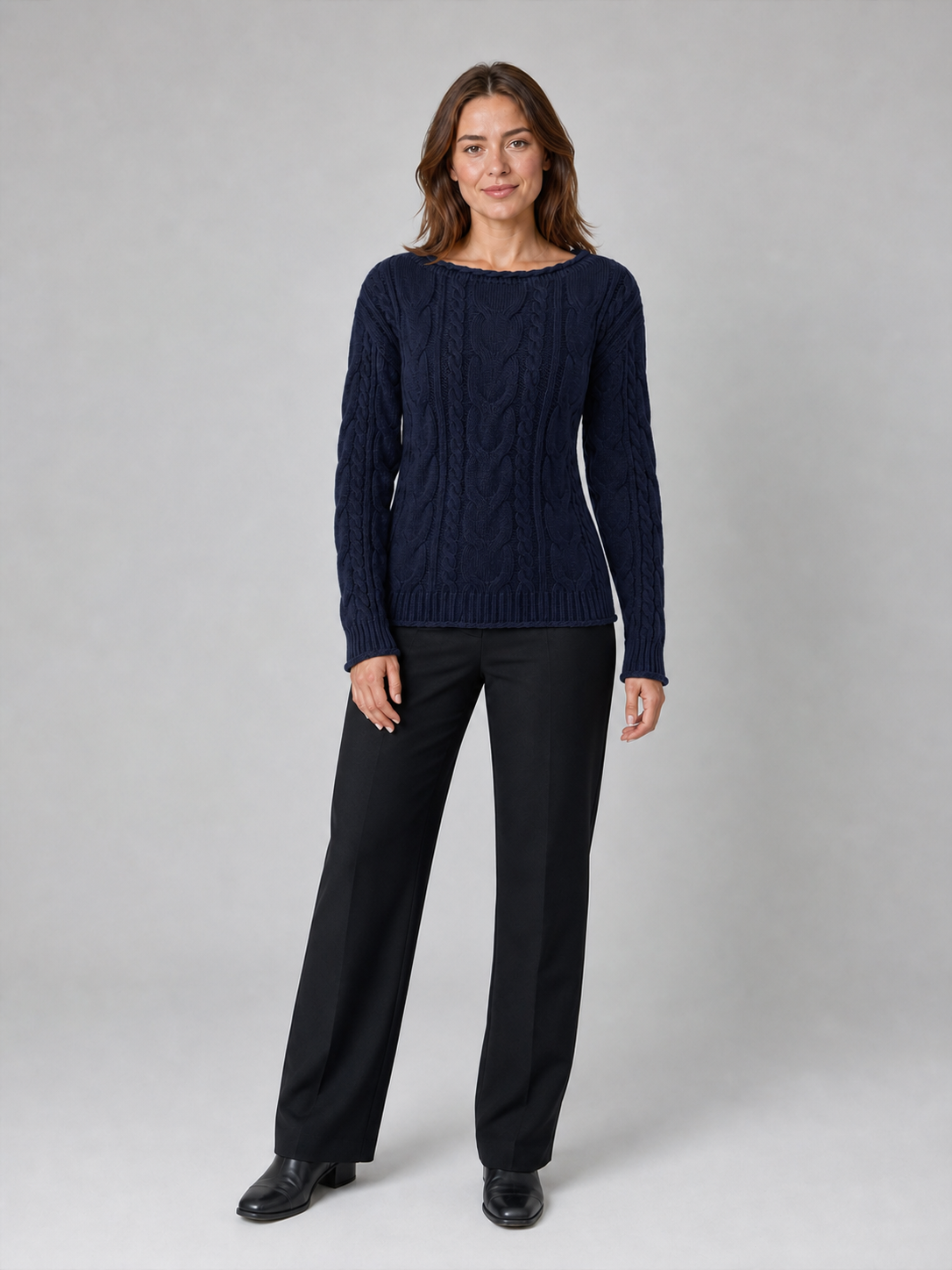 Women's cable knit sweater in deep navy