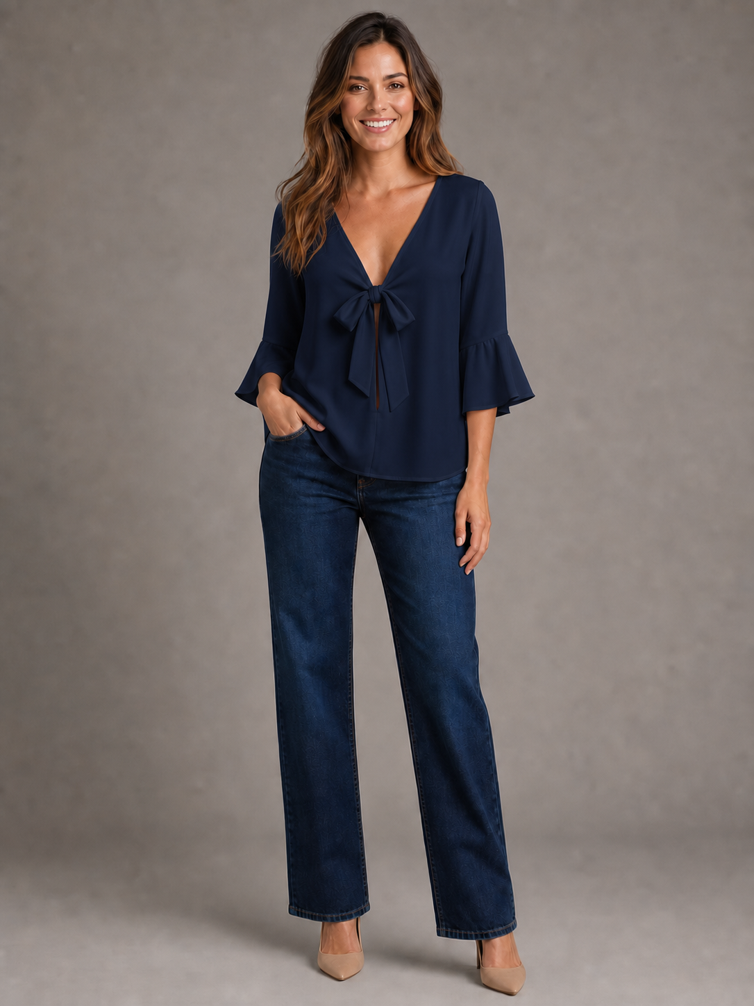 Women's midnight navy tie-front blouse