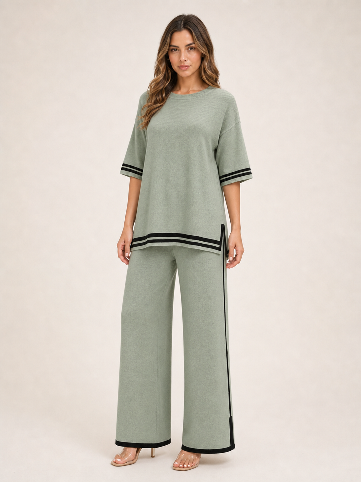 Women's sage green contrast trim knit pants set