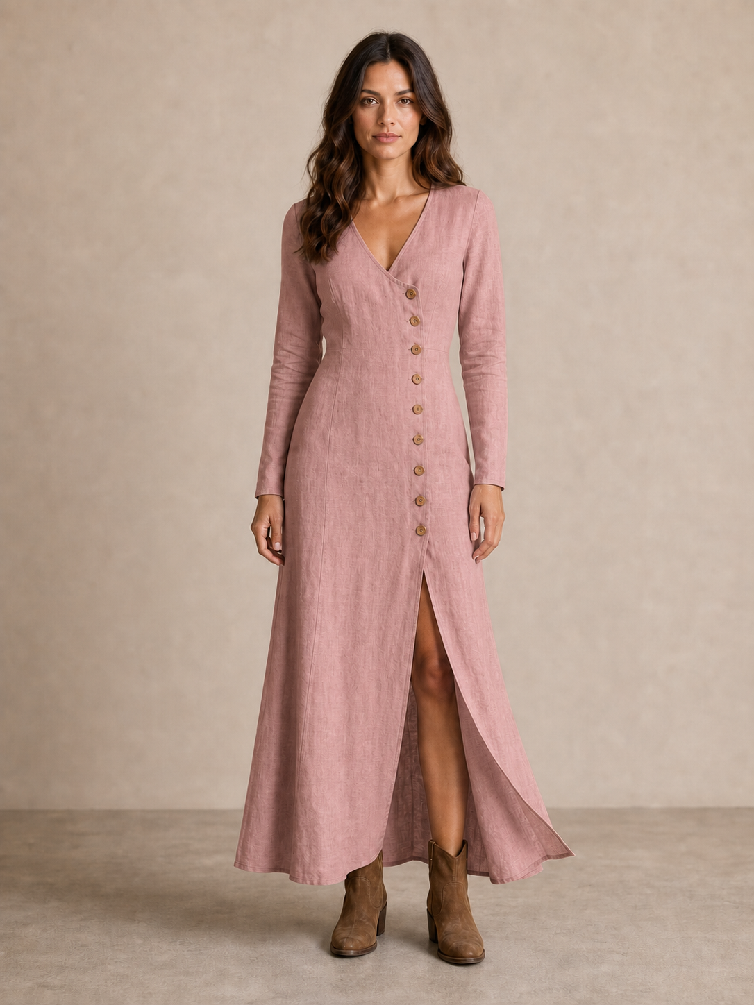 Women's dusty rose V-neck button slit maxi dress