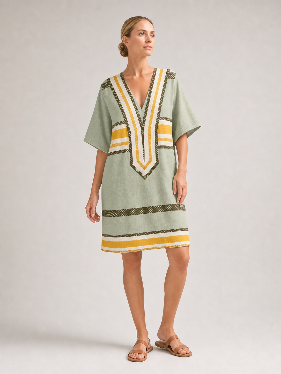 Women's sage and gold geometric kaftan mini dress