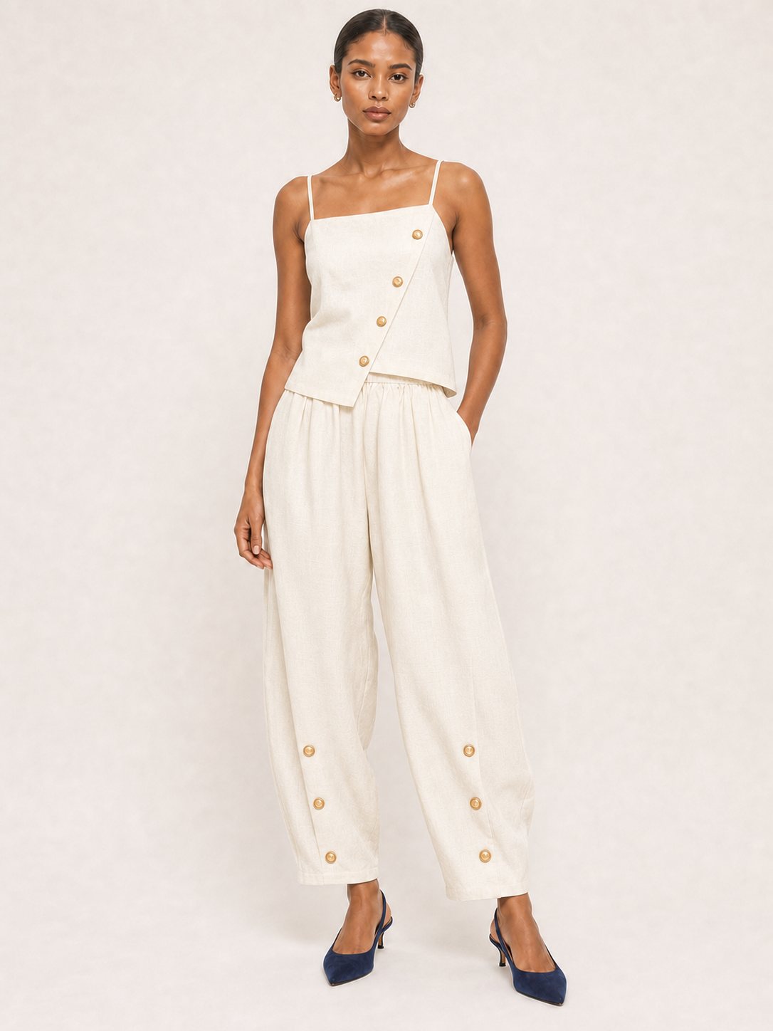Women's ivory asymmetric button two-piece set