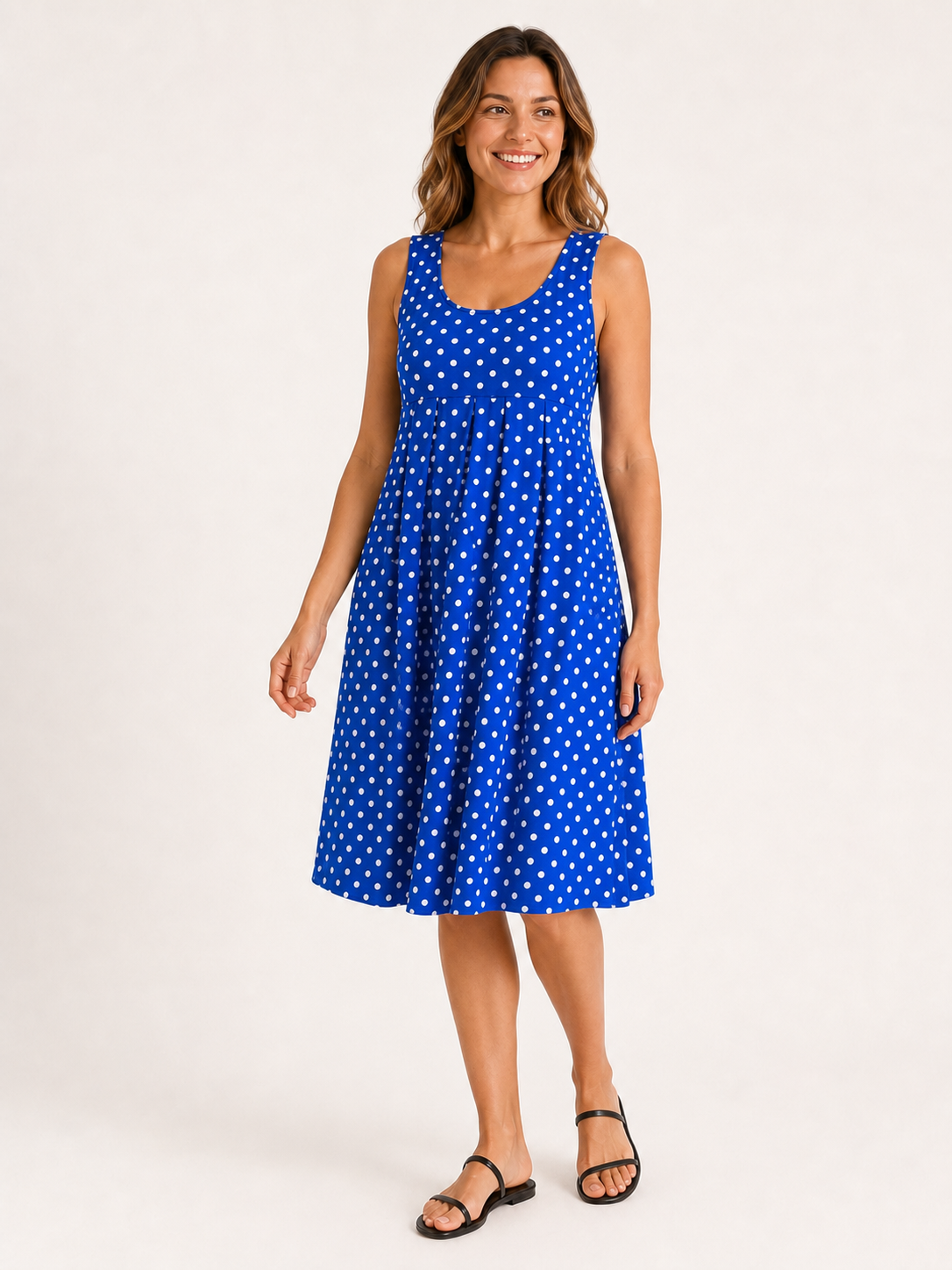 Women's royal blue and white polka dot empire-waist dress