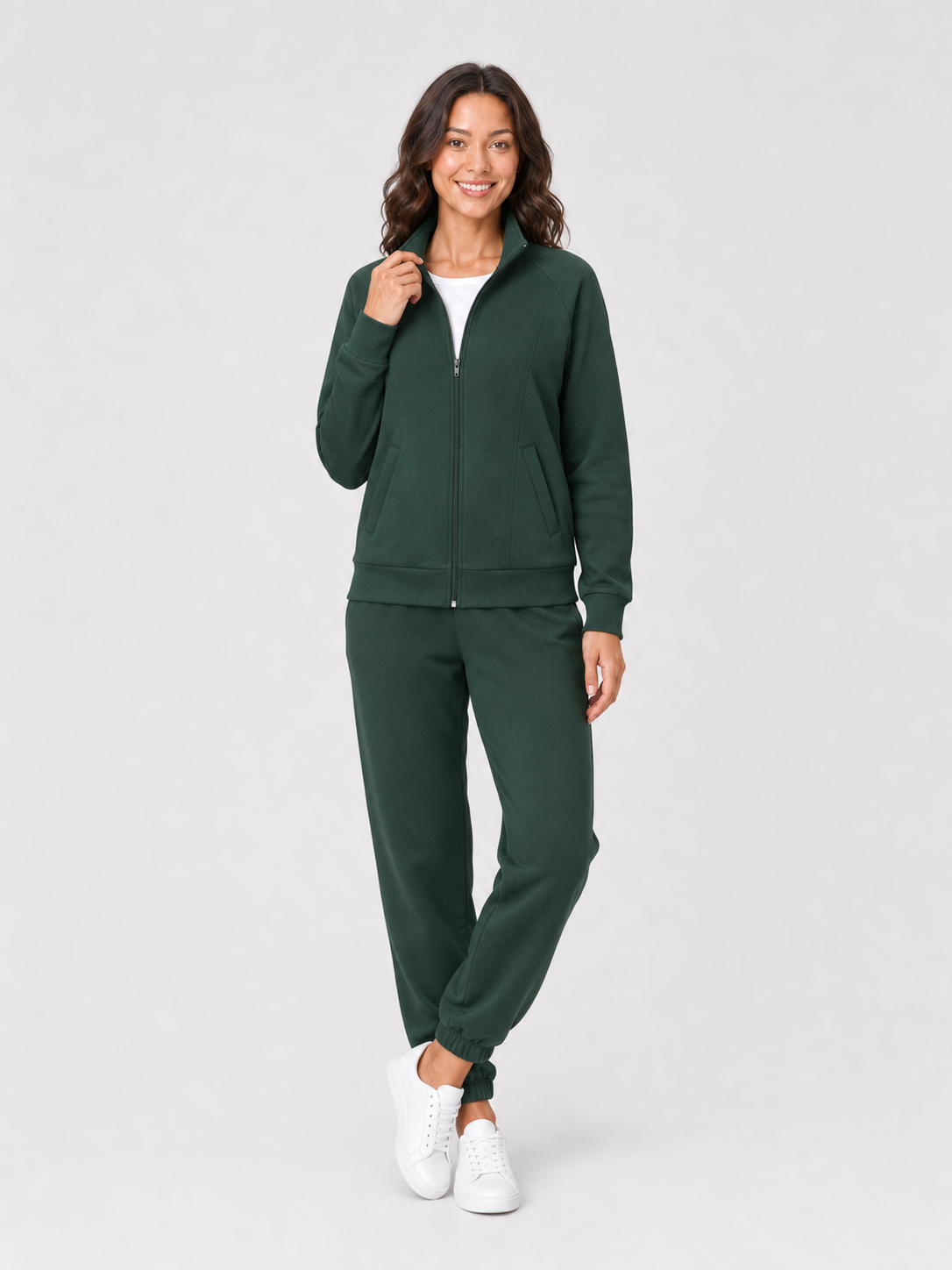 Women's jacket and jogger set in forest green