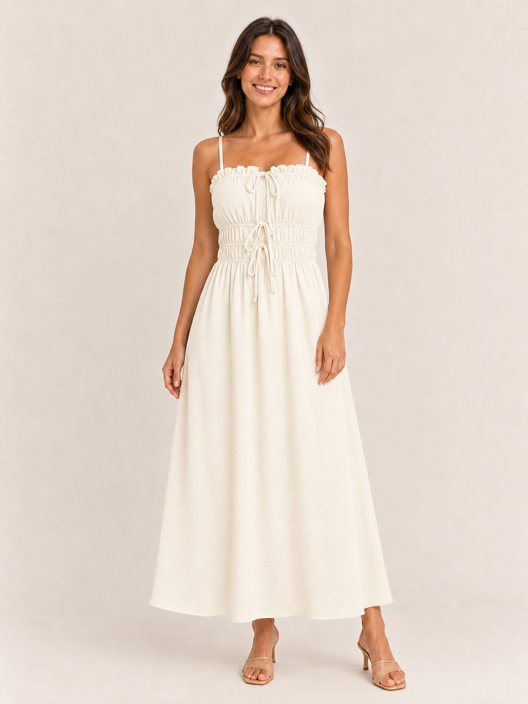 Women's ivory ruched drawstring maxi dress