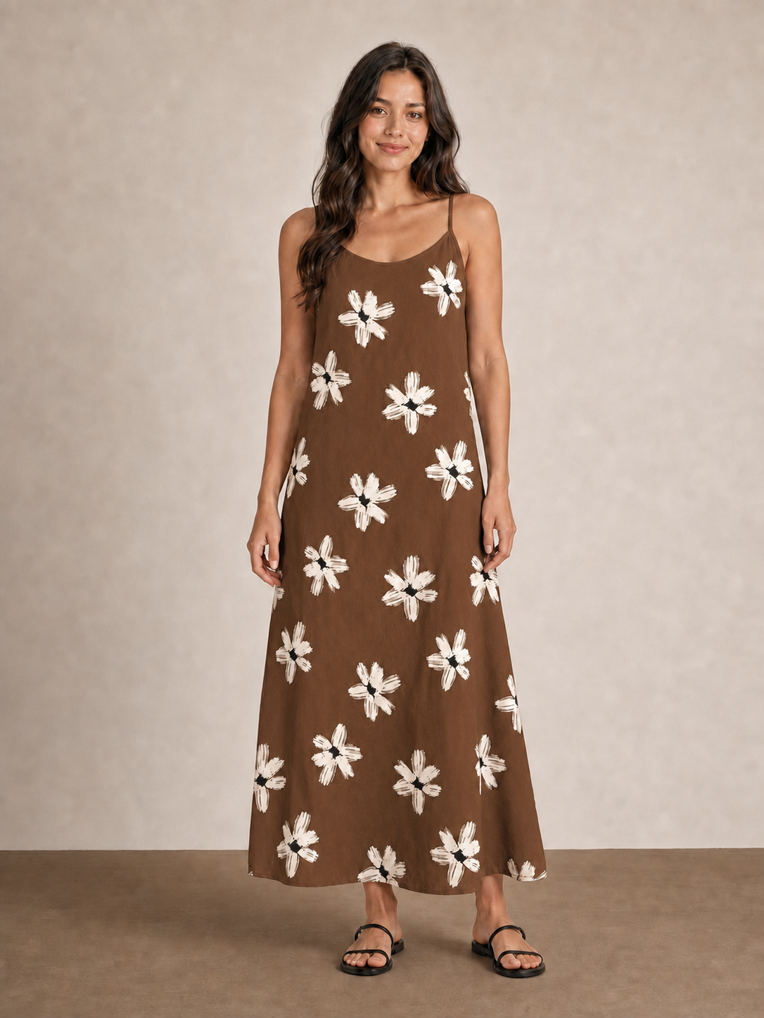 Women's mocha brown ivory floral maxi dress