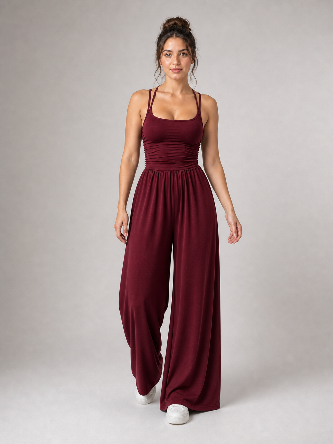 Women's burgundy scoop-neck wide-leg jumpsuit