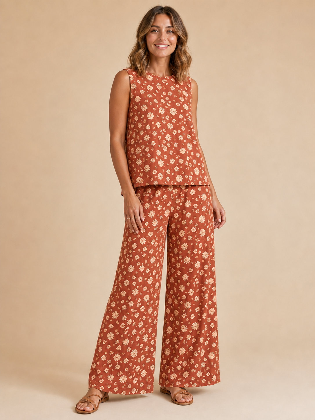 Women's terracotta daisy wide-leg set