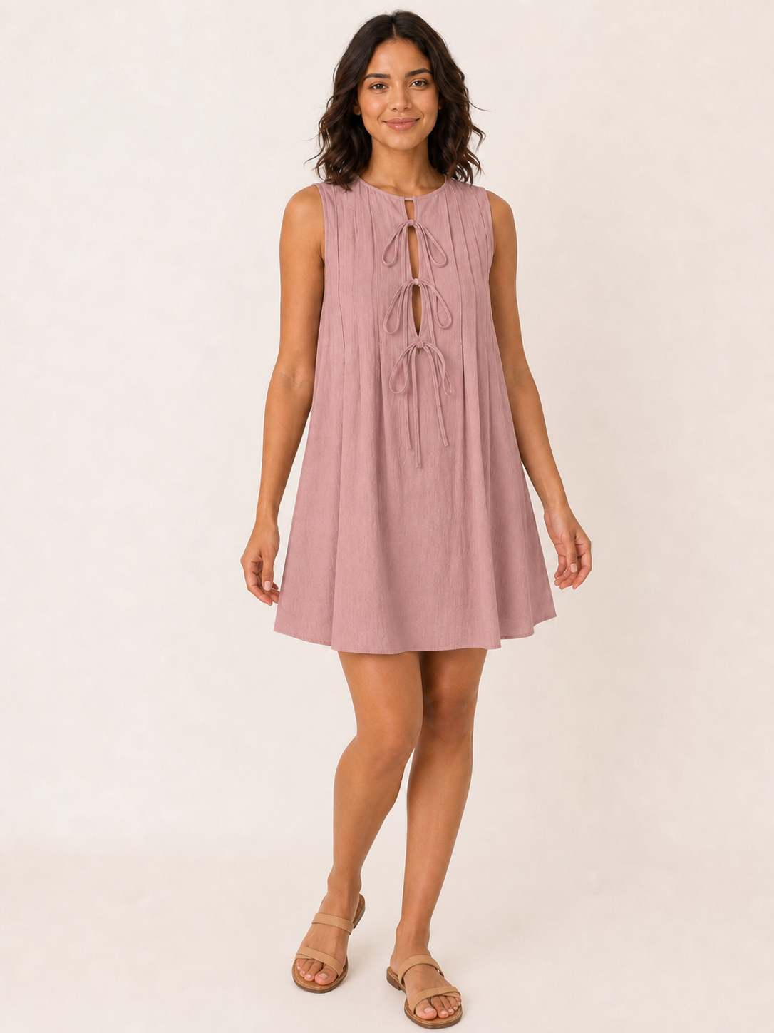 Women's dusty rose tie-front pintuck mini dress