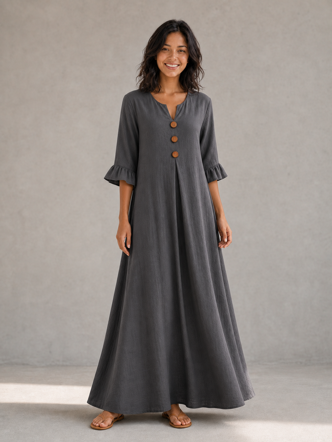 Women's wood-button maxi dress in charcoal gray