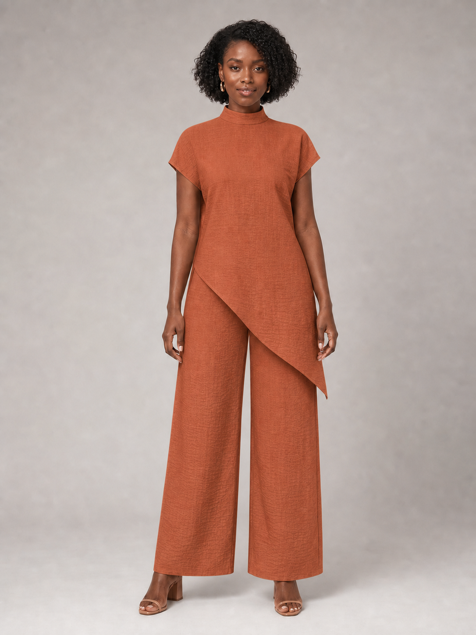 Women's rust asymmetric tunic wide-leg pants set