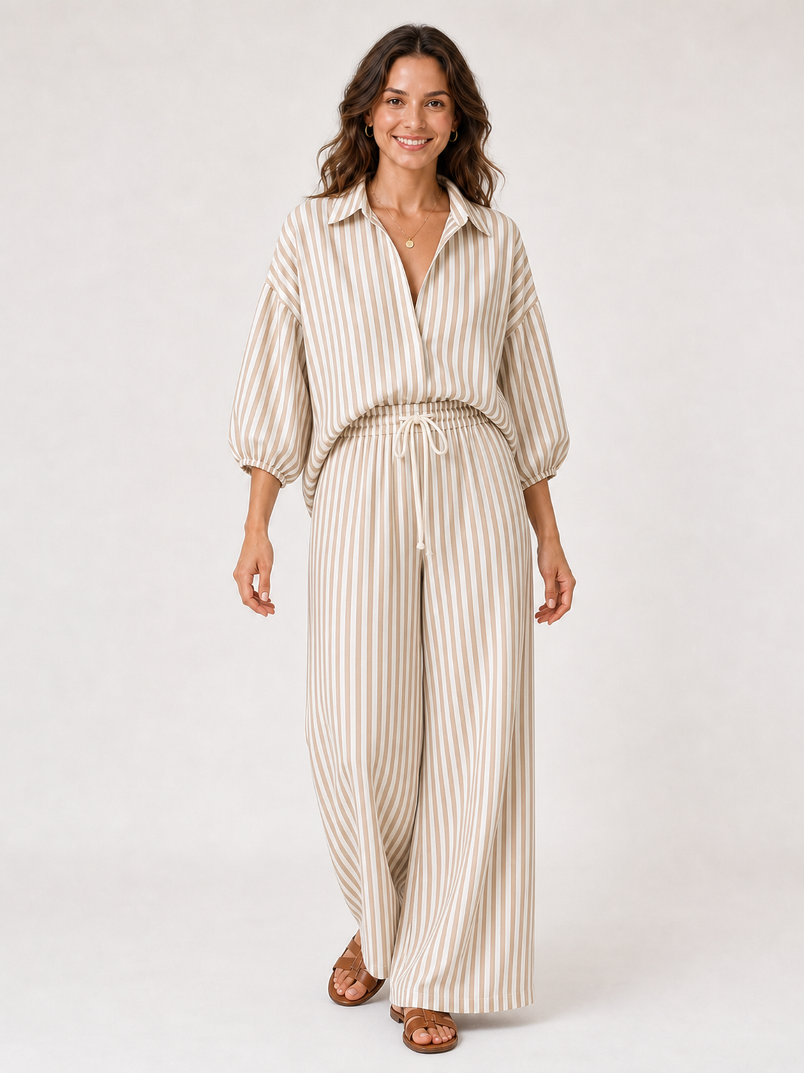 Women's tan and white striped pants set