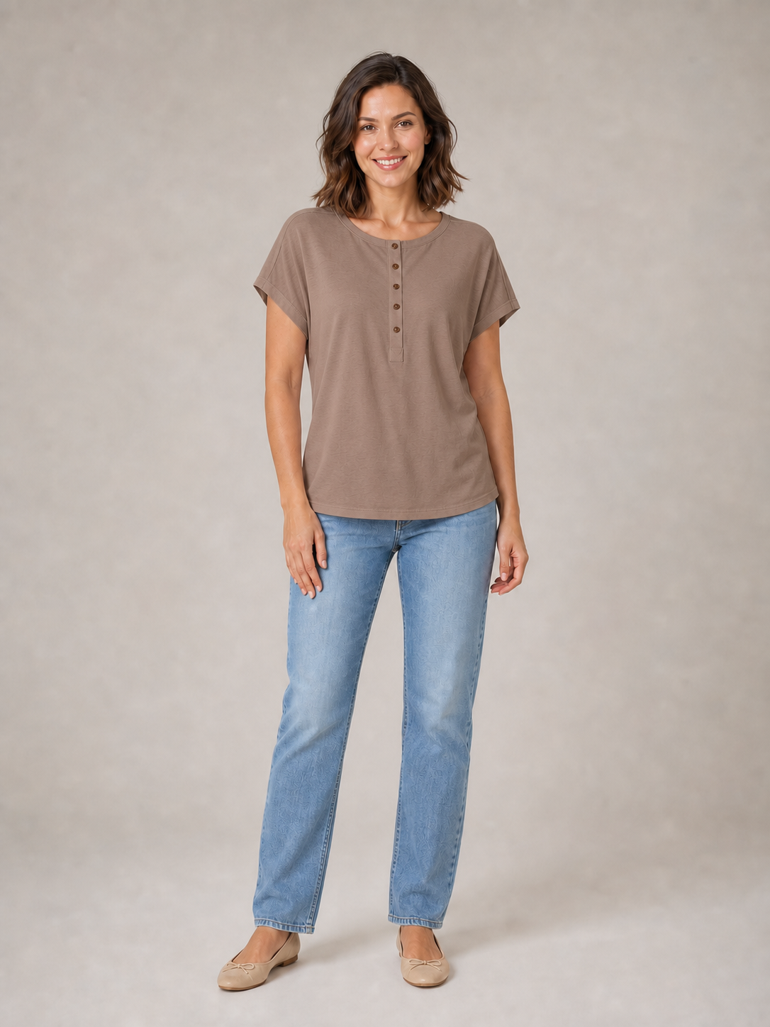 Women's mocha brown button Henley dolman top