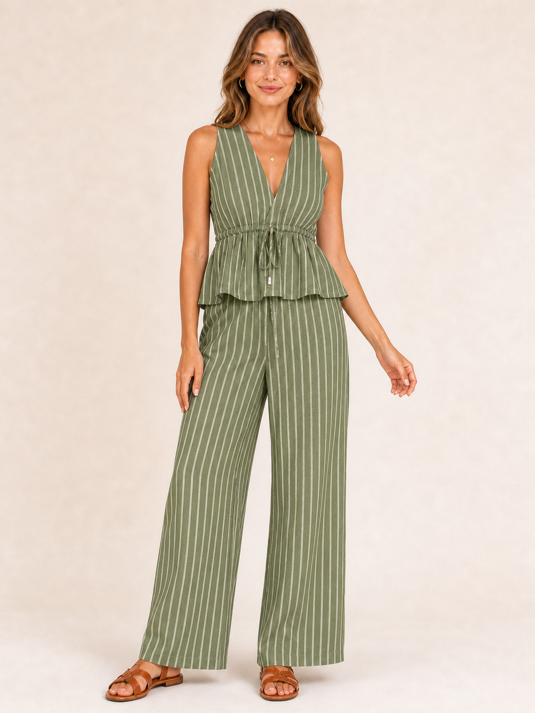 Women's olive pinstripe drawstring wide leg pants set