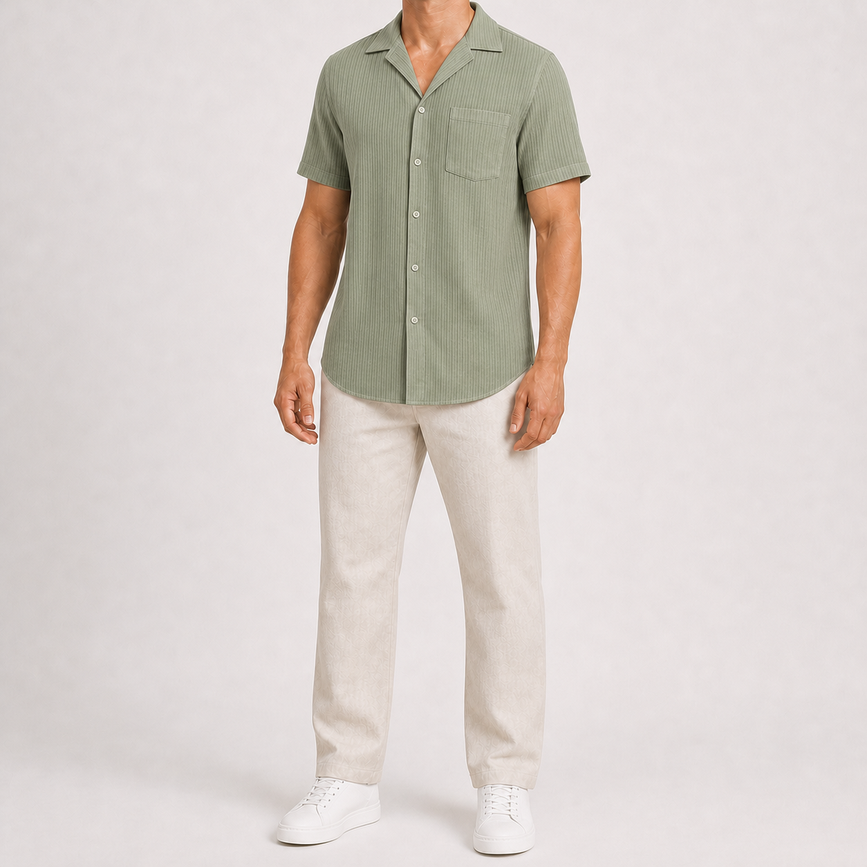 Sage green men's pleated texture short-sleeve shirt