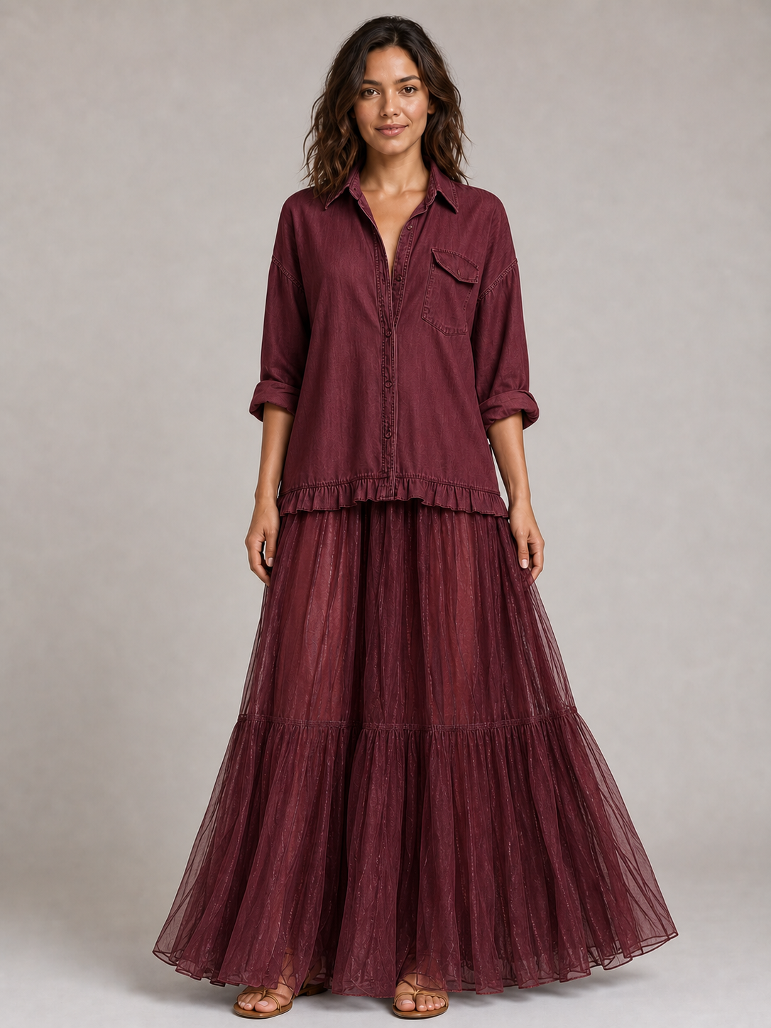 Women's burgundy and wine ruffle shirt maxi skirt set