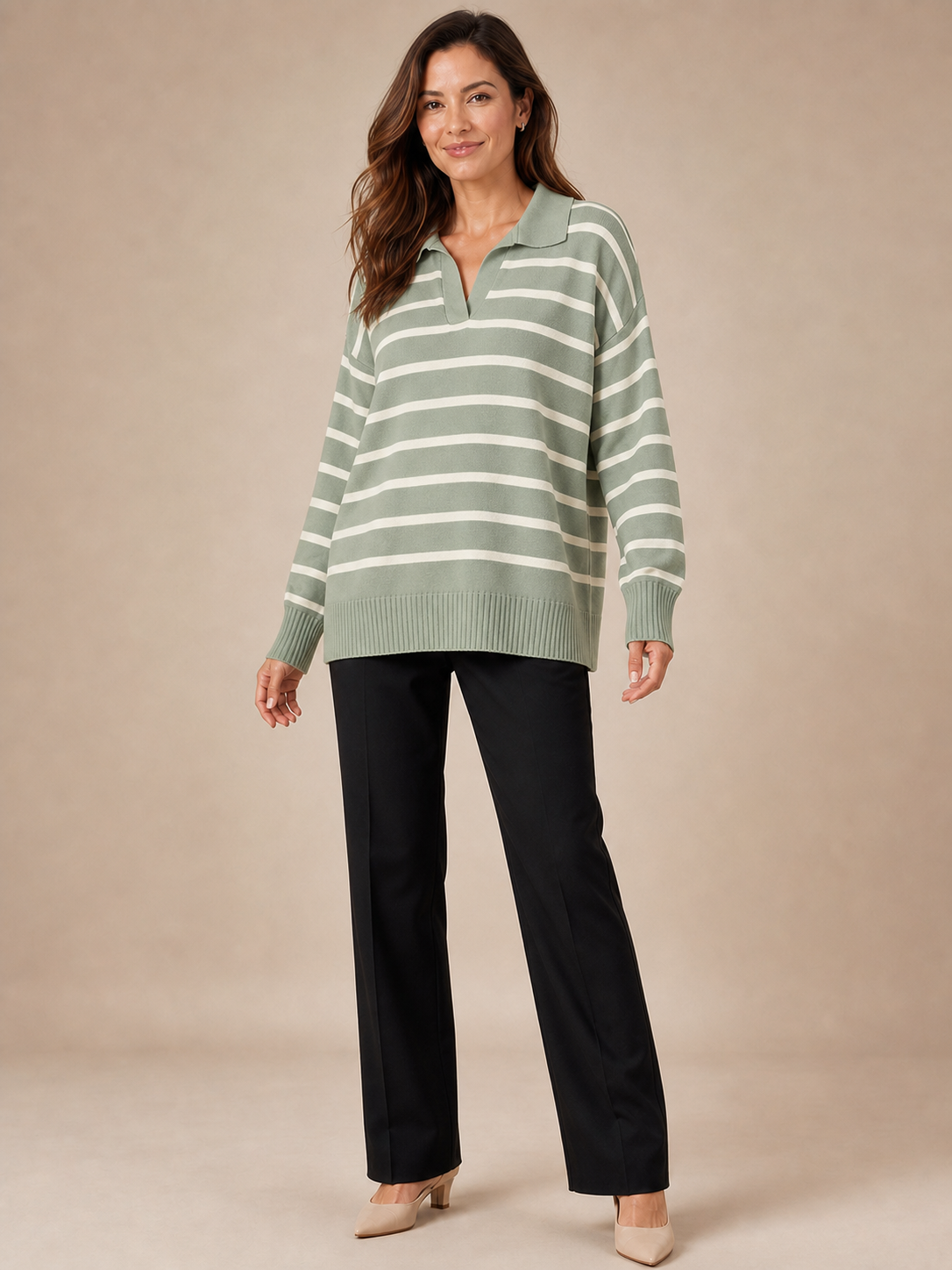 Women's sage and cream striped knit top