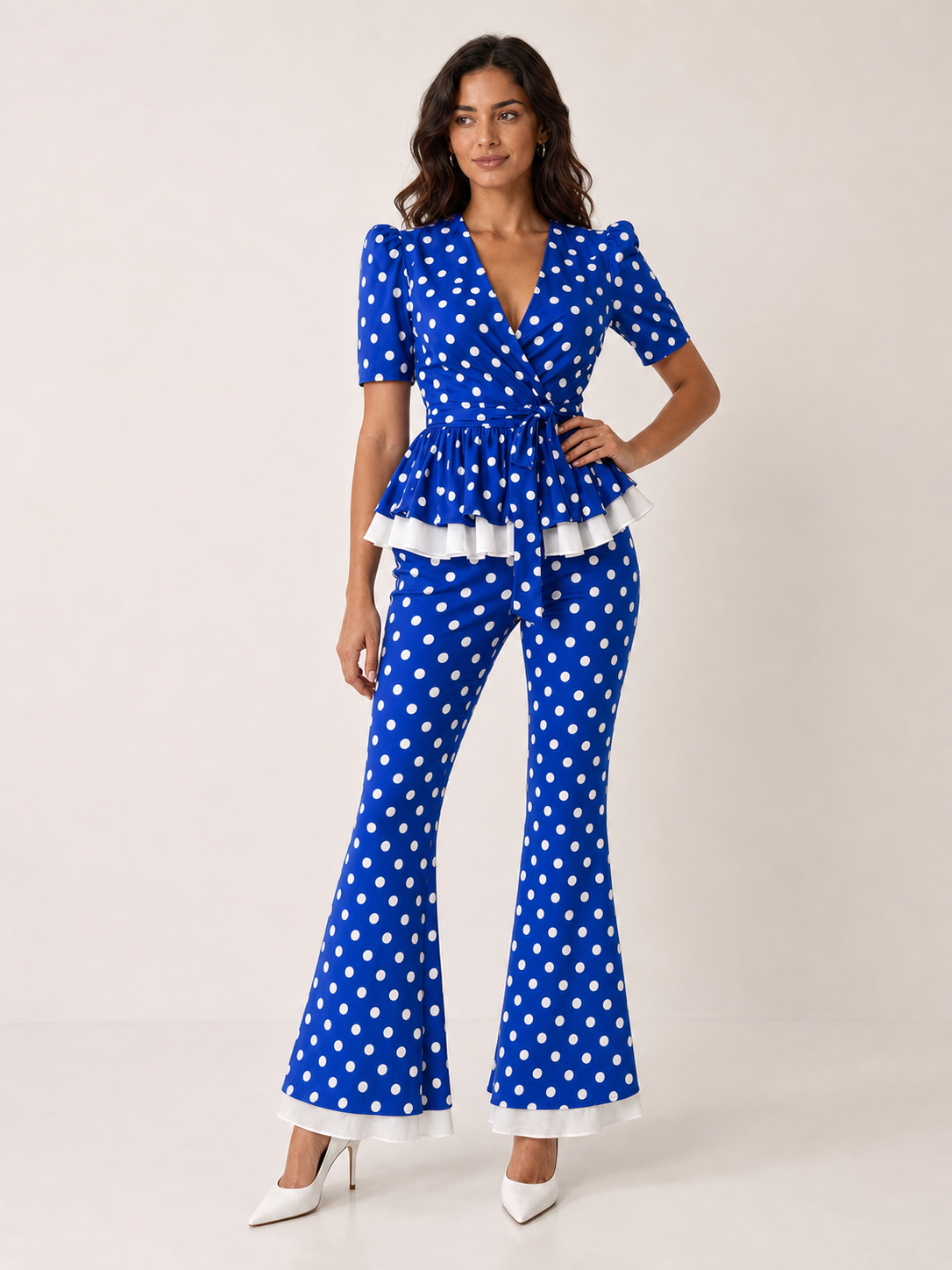 Women's royal blue polka dot peplum and flare pants set