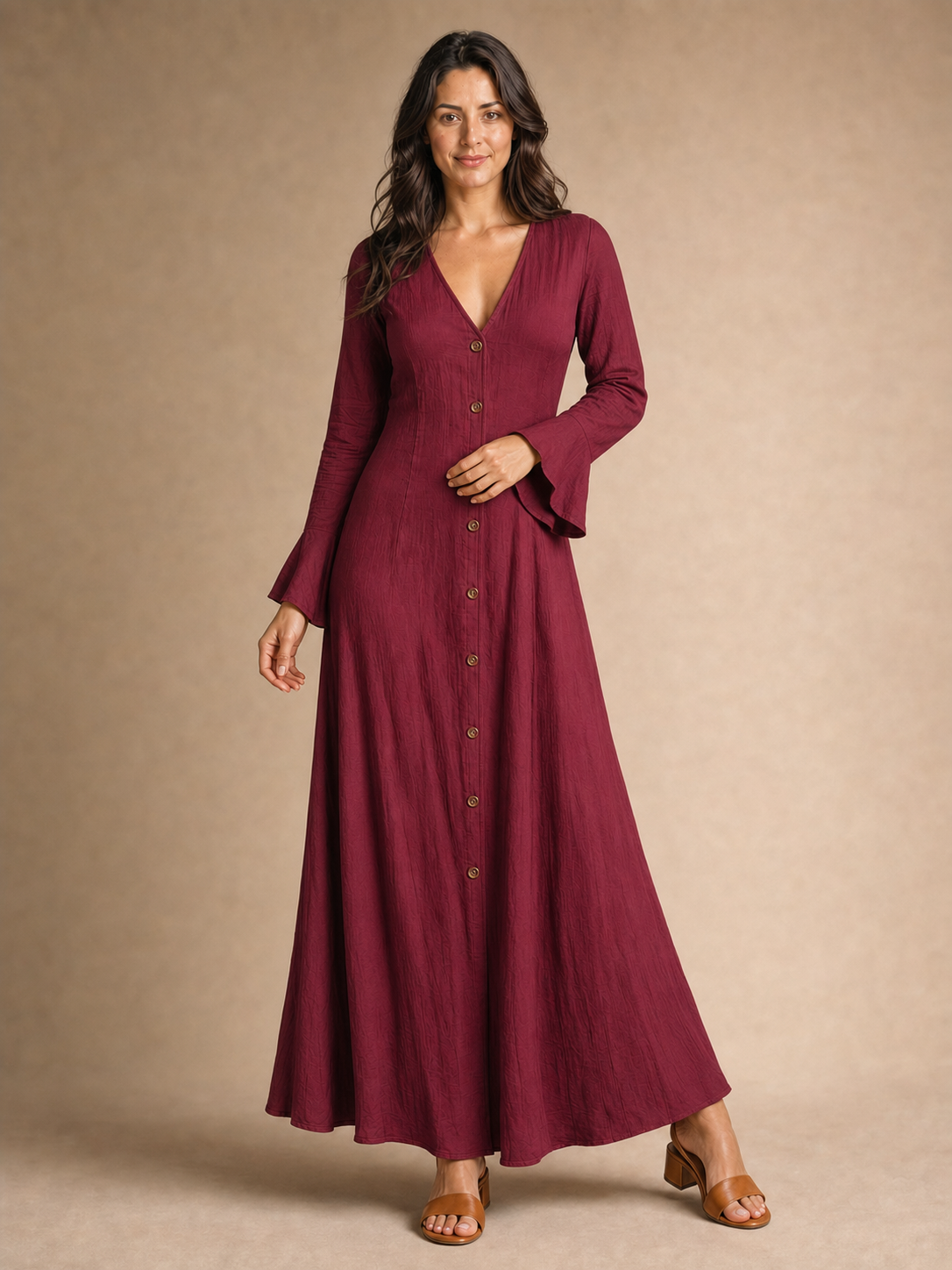 Women's burgundy wine V-neck bell-sleeve maxi dress