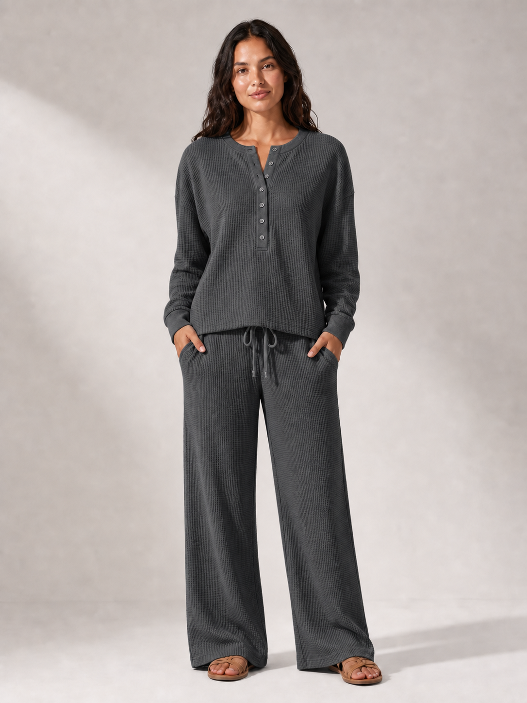 Women's waffle Henley wide-leg lounge set in charcoal gray