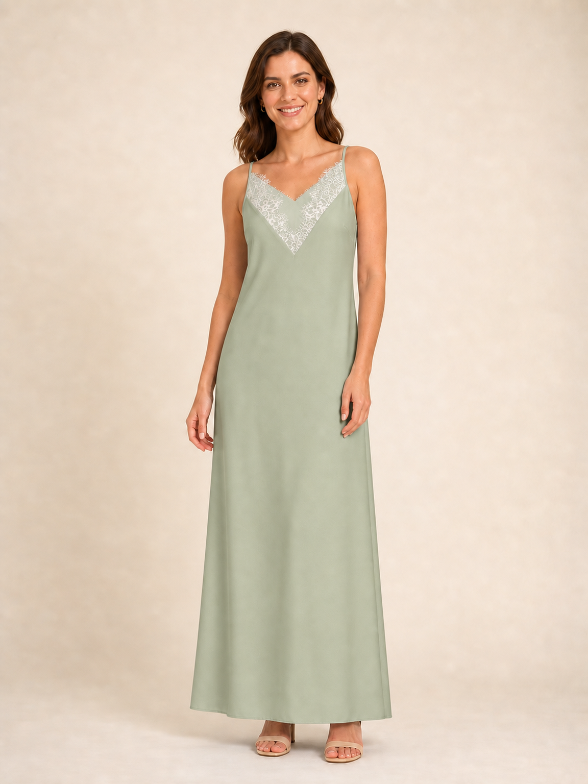 Women's sage green lace trim slip maxi dress