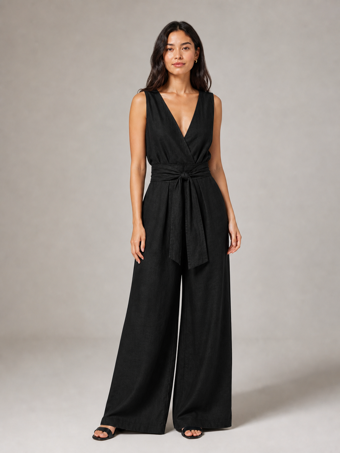 Women's black wrap V-neck wide-leg jumpsuit