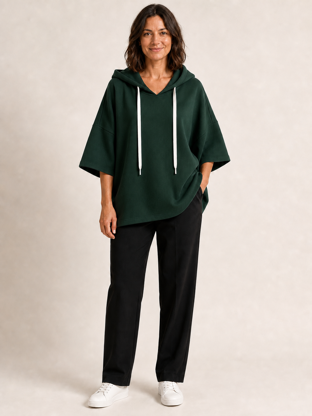 Women's forest green oversized short-sleeve hoodie top