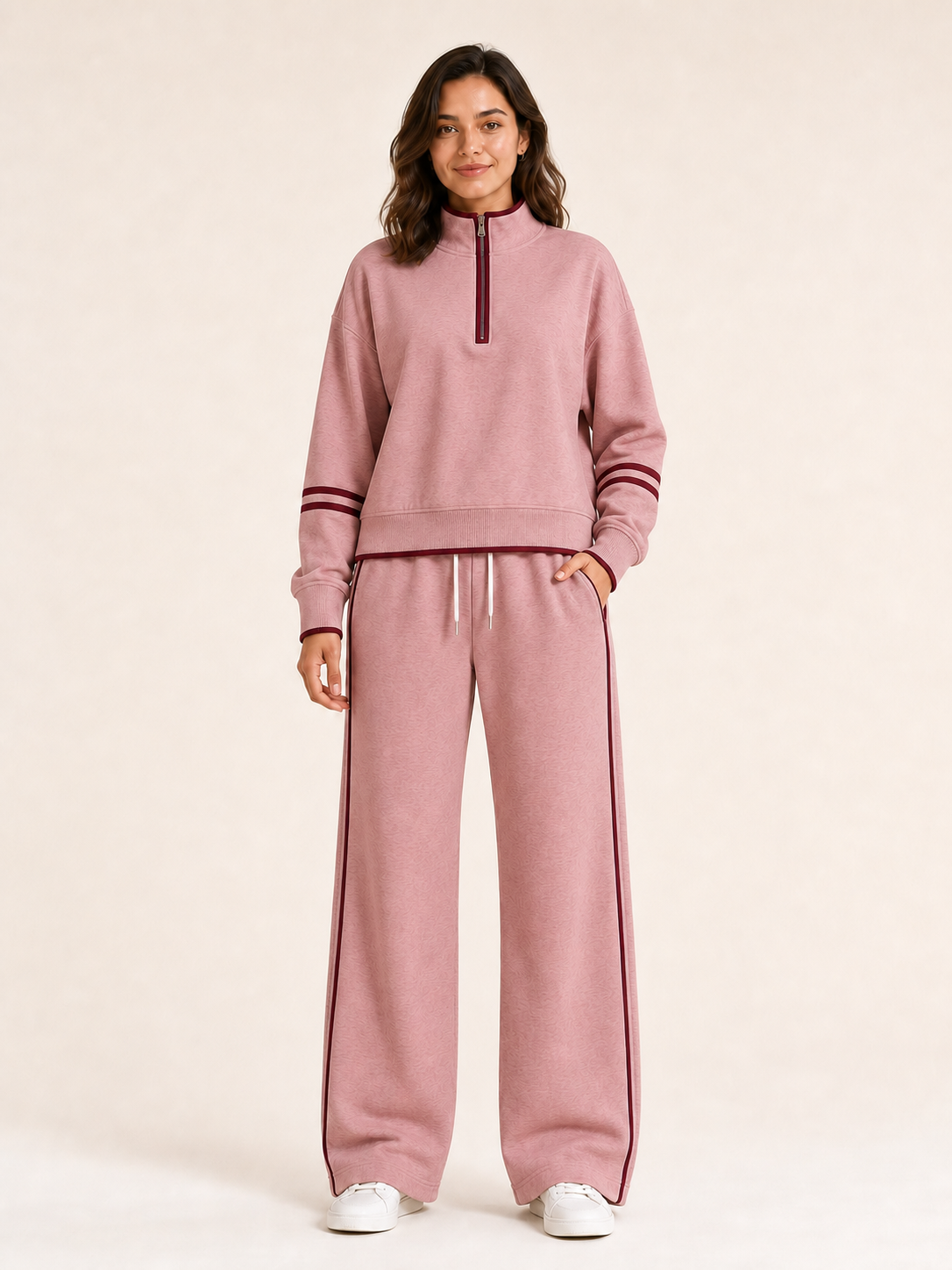 Women's half-zip wide-leg set in dusty rose and wine