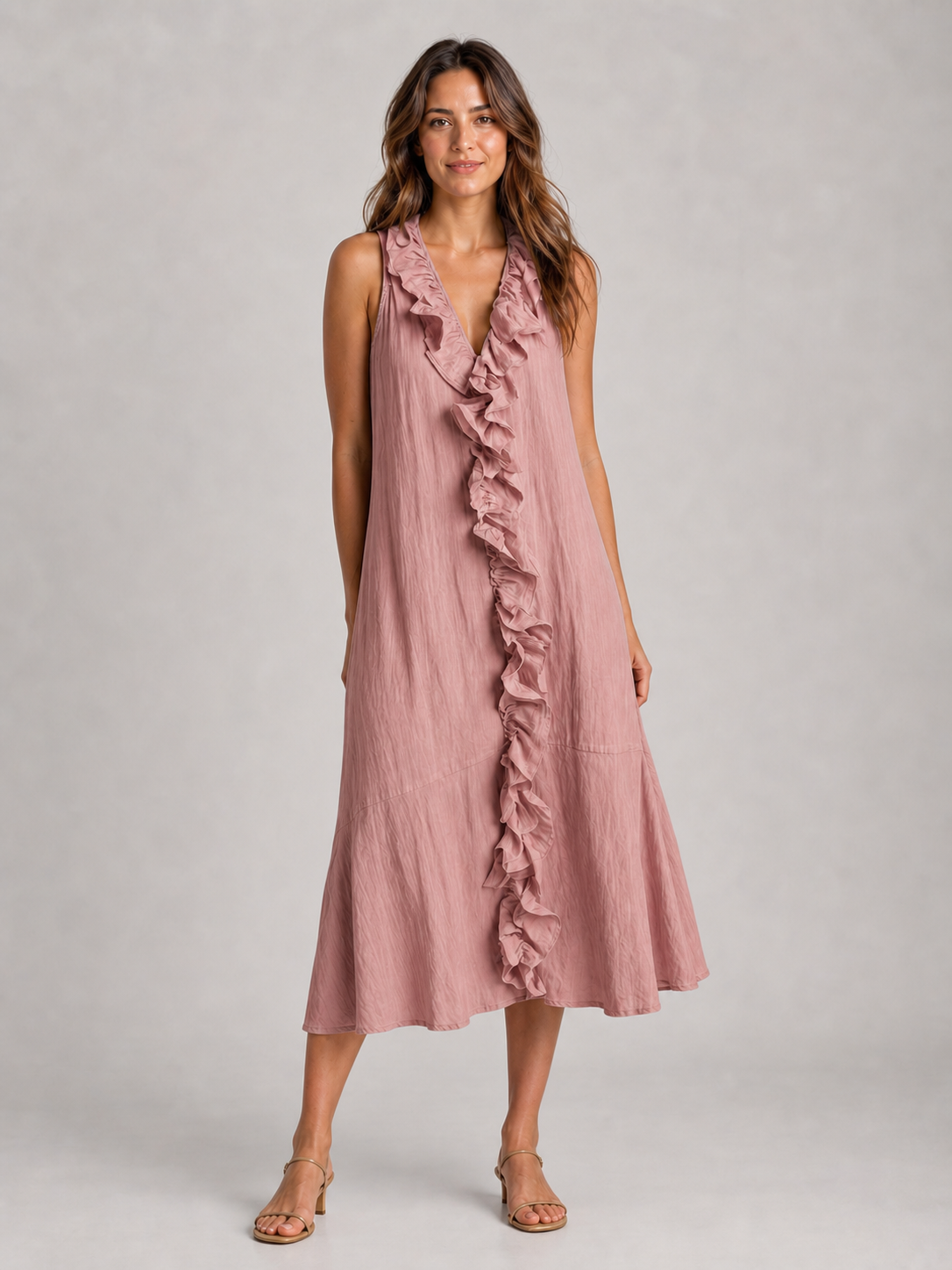 Women's dusty rose cascading ruffle loose midi dress
